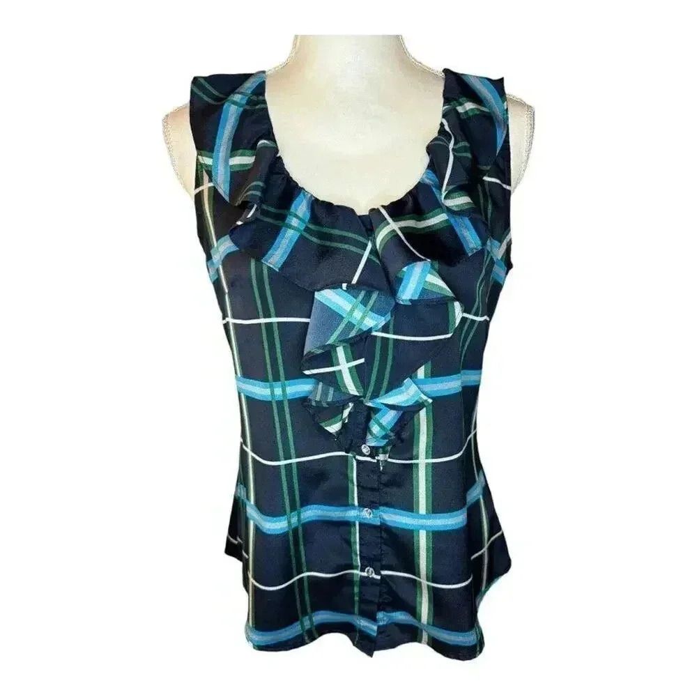 Banana Republic Women’s Small Green & Blue Striped Ruffled V-Neck Sleeveless Top